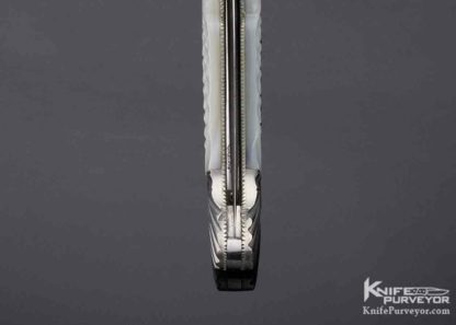 Ken Steigerwalt Custom Knife Large Damascus Blade Fluted Double Bolsters Checkered Pearl Shell Auto Dagger - Image 8