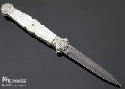 Ken Steigerwalt Custom Knife Large Damascus Blade Fluted Double Bolsters Checkered Pearl Shell Auto Dagger - Image 4