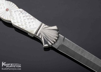 Ken Steigerwalt Custom Knife Large Damascus Blade Fluted Double Bolsters Checkered Pearl Shell Auto Dagger - Image 5
