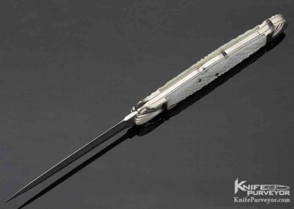 Ken Steigerwalt Custom Knife Large Damascus Blade Fluted Double Bolsters Checkered Pearl Shell Auto Dagger - Image 6