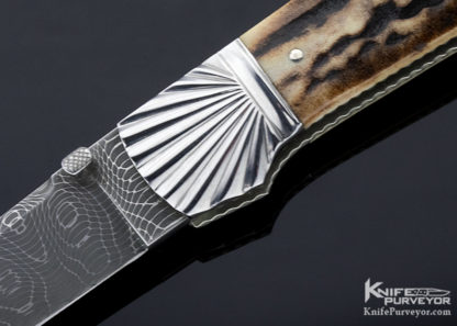 Ken Steigerwalt Custom Knife Mike Norris "Spirograph" Stainless Damascus Stag Fluted Bolster Tail Lock - Image 2