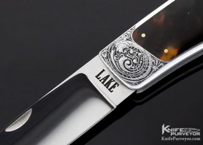 Ron Lake Custom Knife M. Terri Engraved Aluminum Amber Interframe Tail Lock - Image 2