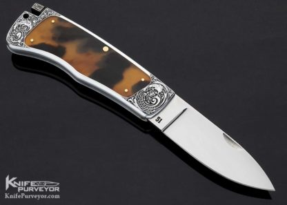 Ron Lake Custom Knife M. Terri Engraved Aluminum Amber Interframe Tail Lock - Image 4