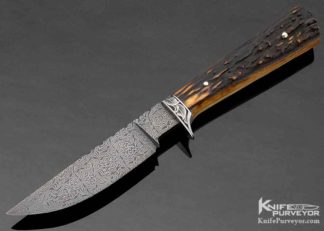 Unknown Custom Knife Sole Authorship Engraved & Damascus with Stag 10773