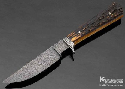Unknown Custom Knife Sole Authorship Engraved & Damascus with Stag 10773