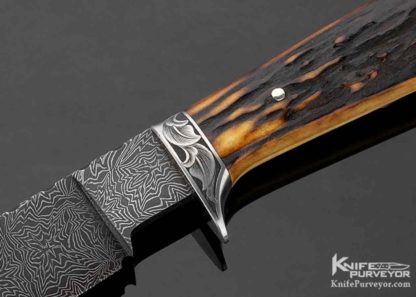 Attributed to Steve Dunn Custom Knife Sole Authorship Engraved and Damascus with Stag Hunter - Image 2