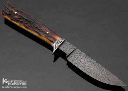 Attributed to Steve Dunn Custom Knife Sole Authorship Engraved and Damascus with Stag Hunter - Image 4