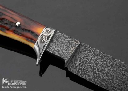 Attributed to Steve Dunn Custom Knife Sole Authorship Engraved and Damascus with Stag Hunter - Image 3