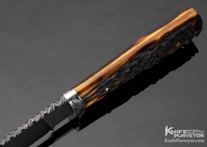 Attributed to Steve Dunn Custom Knife Sole Authorship Engraved and Damascus with Stag Hunter - Image 5