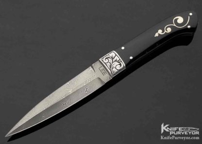 Tommy Lee Custom Knife Mel Wood Engraved Black Buffalo Horn with Silver Accents and Damascus Dagger 10753 Open