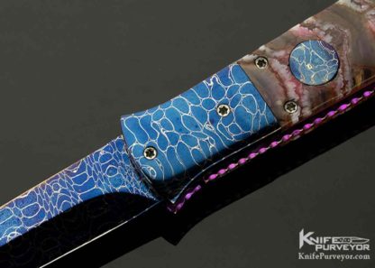 Rainy Vallotton Custom Knife Blued Damascus Ice Pick Mammoth Molar Automatic Linerlock - Image 7
