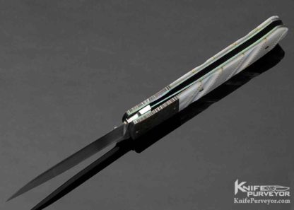 WD Pease Custom Knife Damascus & Fluted Mother of Pearl with 14Kt Gold Braided Wire Linerlock - Image 7