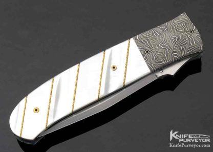 WD Pease Custom Knife Damascus & Fluted Mother of Pearl with 14Kt Gold Braided Wire Linerlock - Image 5