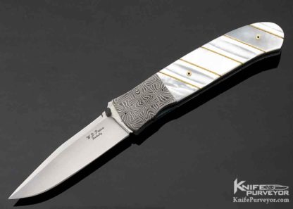 WD Pease Custom Knife Damascus & Fluted Mother of Pearl with 14Kt Gold Braided Wire Linerlock 10792