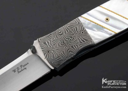 WD Pease Custom Knife Damascus & Fluted Mother of Pearl with 14Kt Gold Braided Wire Linerlock - Image 2