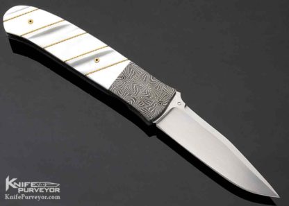 WD Pease Custom Knife Damascus & Fluted Mother of Pearl with 14Kt Gold Braided Wire Linerlock - Image 3