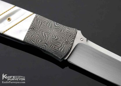 WD Pease Custom Knife Damascus & Fluted Mother of Pearl with 14Kt Gold Braided Wire Linerlock 15033