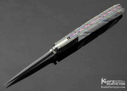 WD Pease Custom Knife Damascus & Fluted Mother of Pearl with 14Kt Gold Braided Wire Linerlock - Image 6