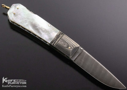 Barry Davis Custom Knife Mother of Pearl Lockback with Sole Authorship Damascus and Gold Liners. Pins and Bale - Image 4