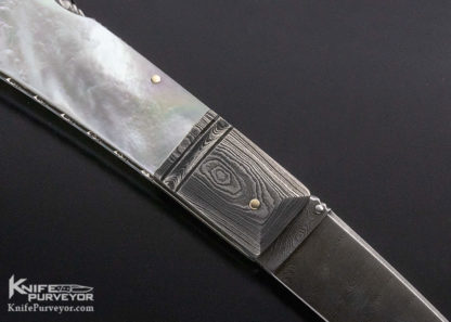 Barry Davis Custom Knife Mother of Pearl Lockback with Sole Authorship Damascus and Gold Liners. Pins and Bale - Image 2