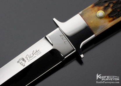 R.W. Loveless Custom Knife Portrait Logo Amber Stag Integral Fighter w/ Signed Sheath - Image 4