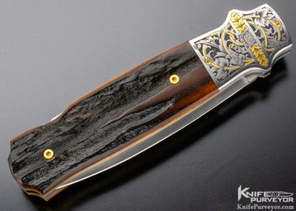 WD Pease Custom Knife Christian DeCamillus Engraved Amber Stag Lockback Engraved with 24 Kt Gold Inlaid - Image 3