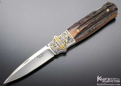 WD Pease Custom Knife Christian DeCamillus Engraved Amber Stag Lockback Engraved with 24 Kt Gold Inlaid 11507