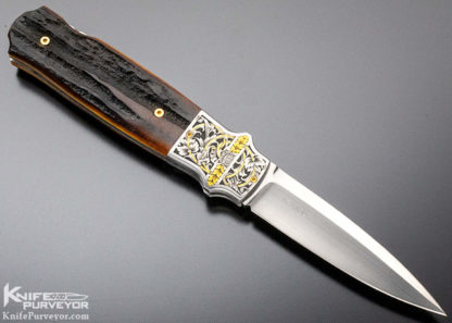WD Pease Custom Knife Christian DeCamillus Engraved Amber Stag Lockback Engraved with 24 Kt Gold Inlaid - Image 4