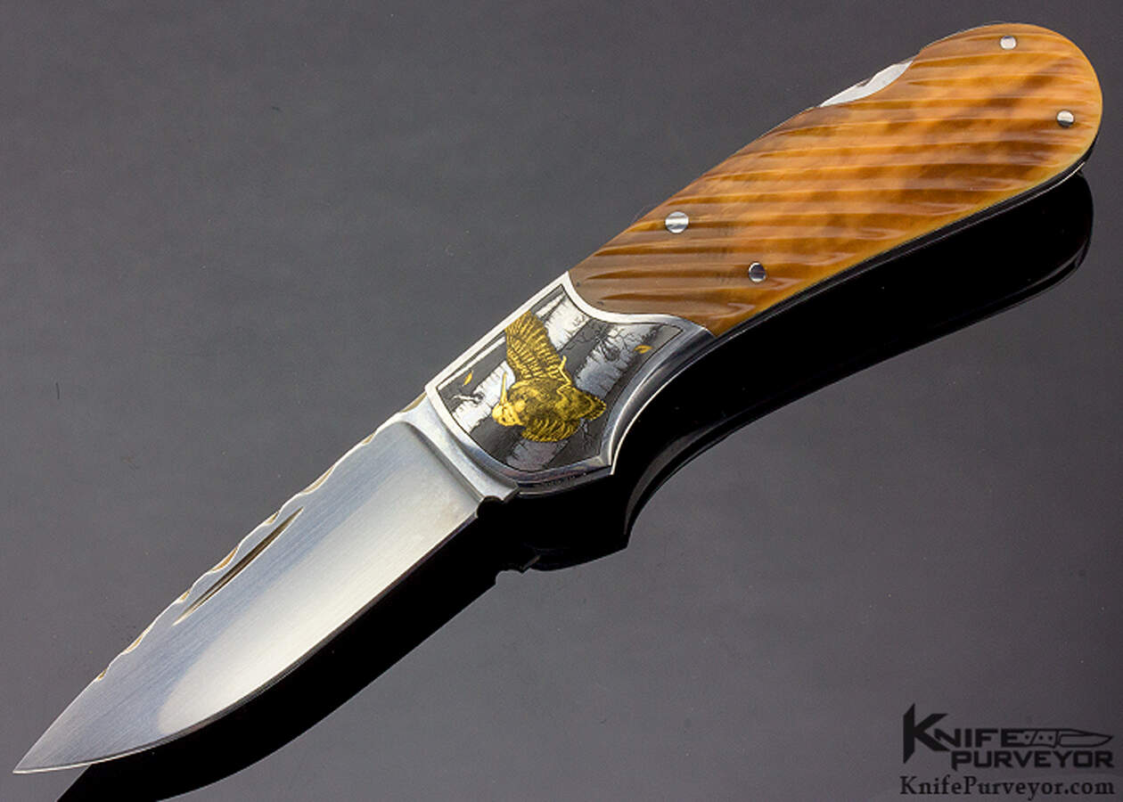 Christy George Engraved Joe Kious Custom Knife  Fluted Mammoth Lockback with Silver Toothpick