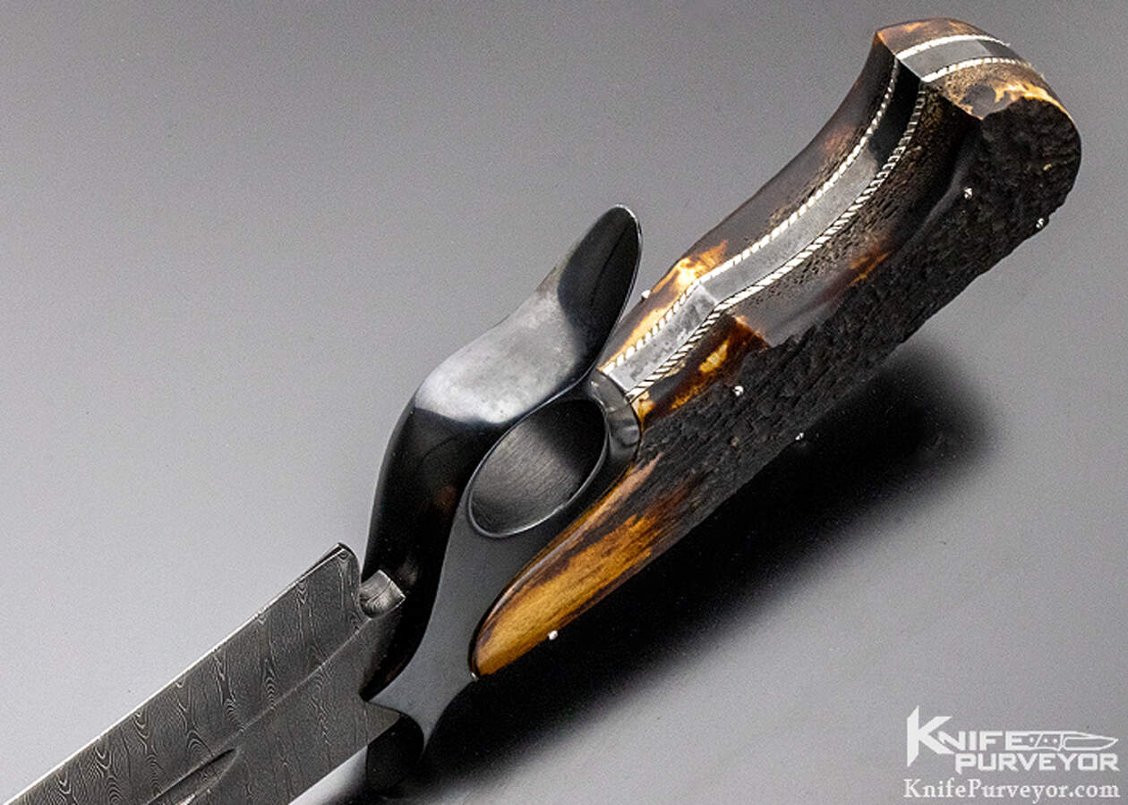 Claudio Sobral CAS Custom Knife Amber Stag Damascus Ring Gaurd Recurve Fighter - Image 6