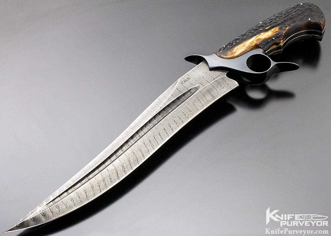 Claudio Sobral CAS Custom Knife Amber Stag Damascus Ring Gaurd Recurve Fighter - Image 2