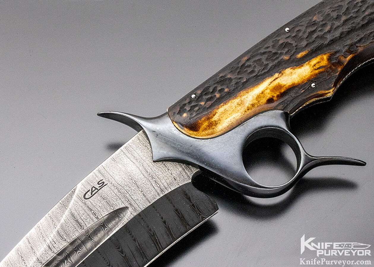 Claudio Sobral CAS Custom Knife Amber Stag Damascus Ring Gaurd Recurve Fighter - Image 4