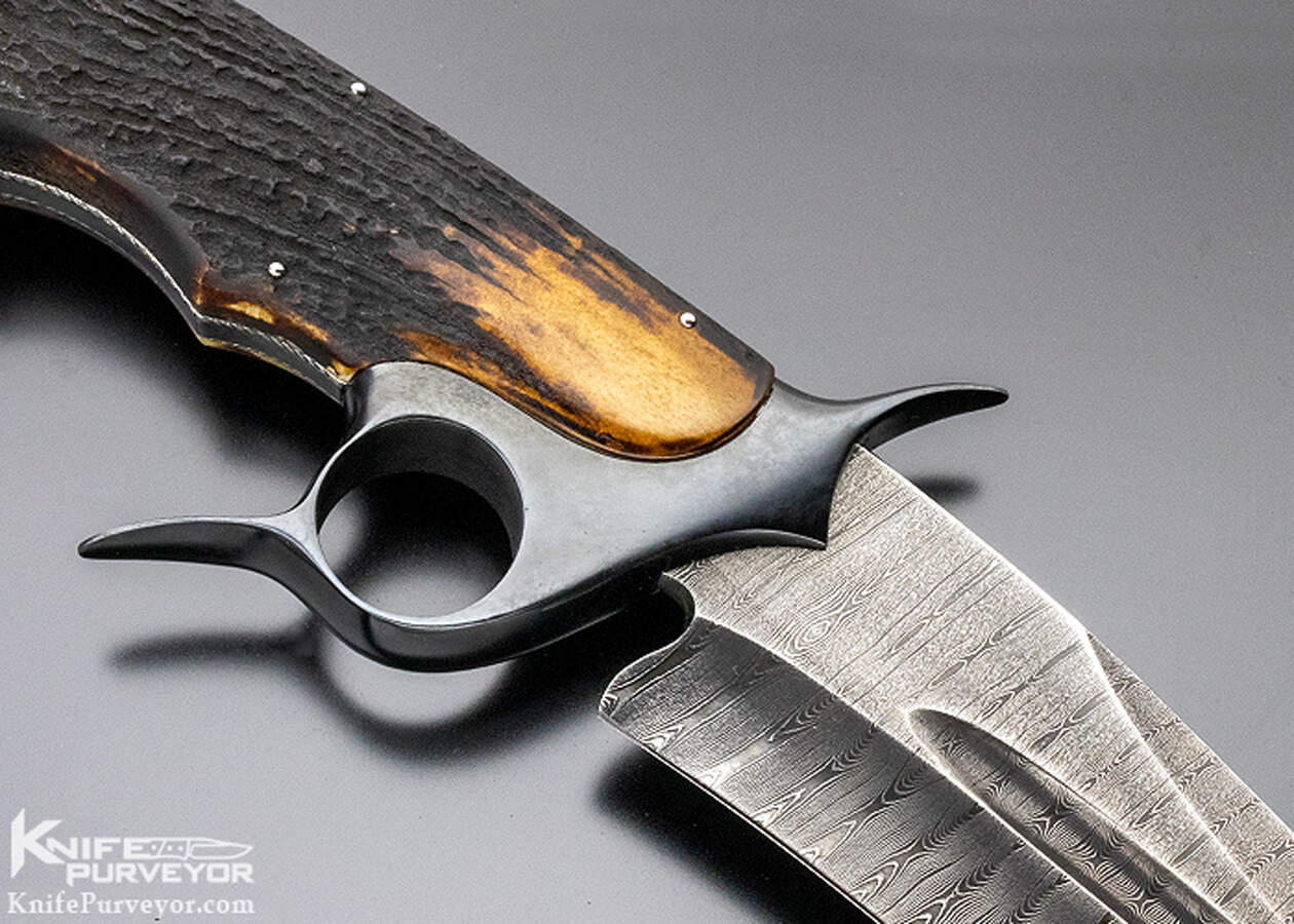 Claudio Sobral CAS Custom Knife Amber Stag Damascus Ring Gaurd Recurve Fighter - Image 3