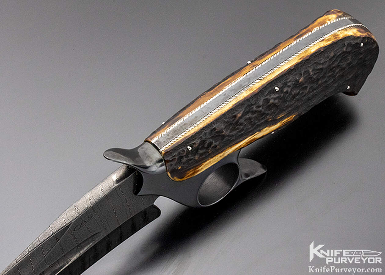 Claudio Sobral CAS Custom Knife Amber Stag Damascus Ring Gaurd Recurve Fighter - Image 7