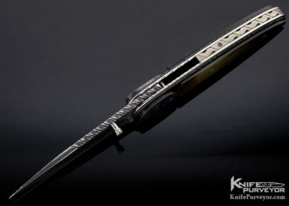 Corrie Schoeman Custom Knife Mosaic Damascus & Black Lip Pearl Shell "Raindrop Gents Knife" Linerlock - Image 6