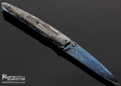 Deryk Munroe Custom Knife Damascus Avatar II Mummy Damascus Liner Lock wit Gold Pins - Image 4