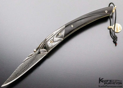 Donald Bell Custom Knife Cocobolo Wood and Carved Sole Authorship Damascus Linerlock - Image 3