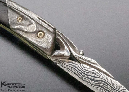 Donald Bell Custom Knife Cocobolo Wood and Carved Sole Authorship Damascus Linerlock