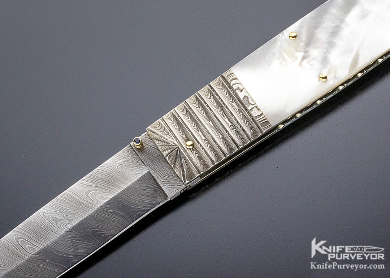 Barry Davis Custom Knife Sole Authorship Damascus Pearl Lockback Dagger with Gold Pins and Toothpick - Image 2