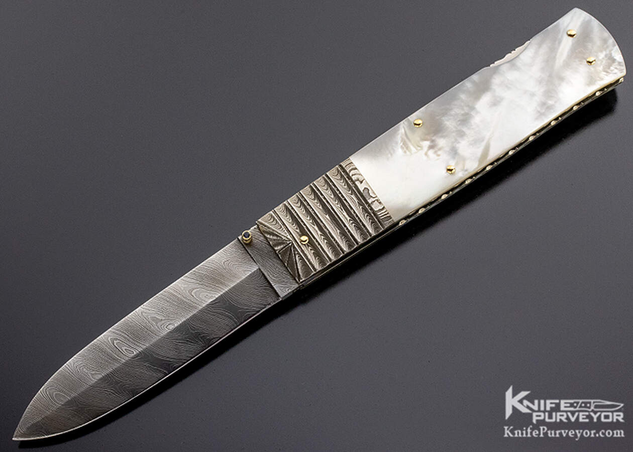 Barry Davis Custom Knife Sole Authorship Damascus Pearl Lockback Dagger with Gold Pins and Toothpick 17255