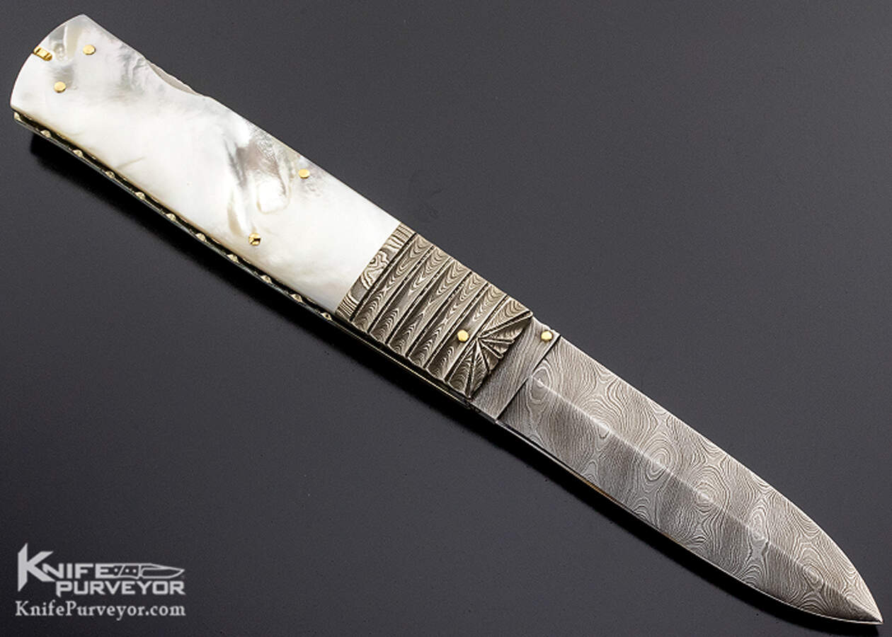 Barry Davis Custom Knife Sole Authorship Damascus Pearl Lockback Dagger with Gold Pins and Toothpick - Image 5