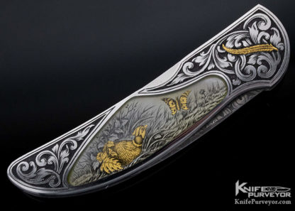 Joe Kious Custom Knife Damascus & Quartz Interframe Midlock Engraved by Giacomo Badillini - Image 10