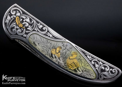 Joe Kious Custom Knife Damascus & Quartz Interframe Midlock Engraved by Giacomo Badillini - Image 2
