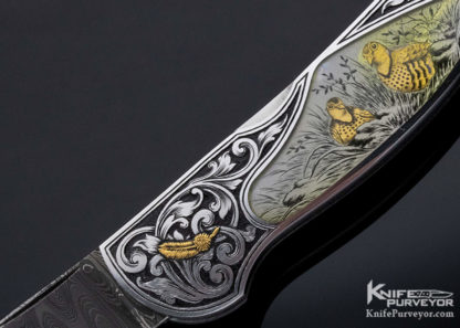 Joe Kious Custom Knife Damascus & Quartz Interframe Midlock Engraved by Giacomo Badillini