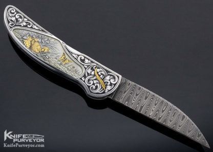 Joe Kious Custom Knife Damascus & Quartz Interframe Midlock Engraved by Giacomo Badillini - Image 5