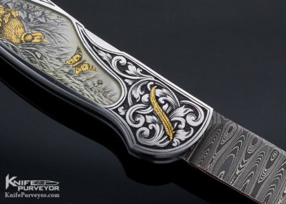 Joe Kious Custom Knife Damascus & Quartz Interframe Midlock Engraved by Giacomo Badillini - Image 9