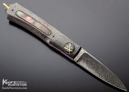 Howard Hitchmough Custom Knife Damasteel, Blued Devin Thomas Shark Tooth Damascus & Black Lip Tahitian Pearl Shell Linerlock - Image 4