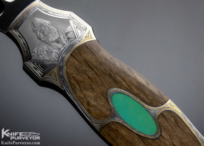 Scott Sawby Custom Knife Jim Blair Engraved Turquoise and Petrified Oak Button Lock - Image 8