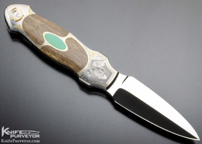 Scott Sawby Custom Knife Jim Blair Engraved Turquoise and Petrified Oak Button Lock - Image 4