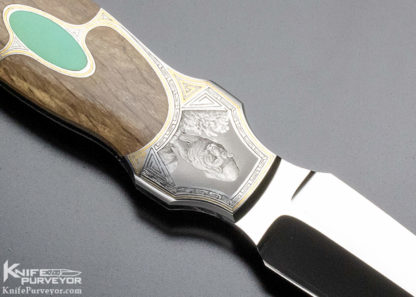 Scott Sawby Custom Knife Jim Blair Engraved Turquoise and Petrified Oak Button Lock - Image 5